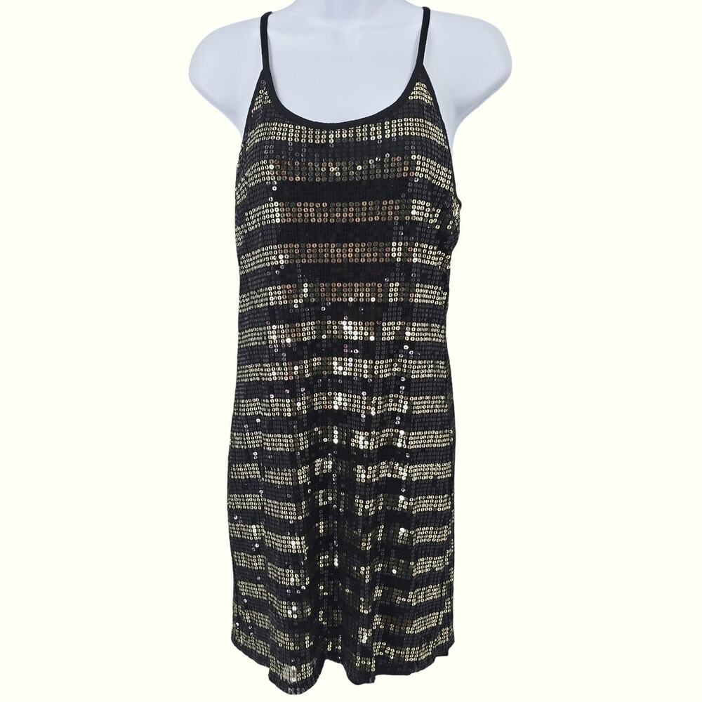John Galliano Vintage Y2K Black Gold Sequin Stripe T-Strap Mini Dress IT 44